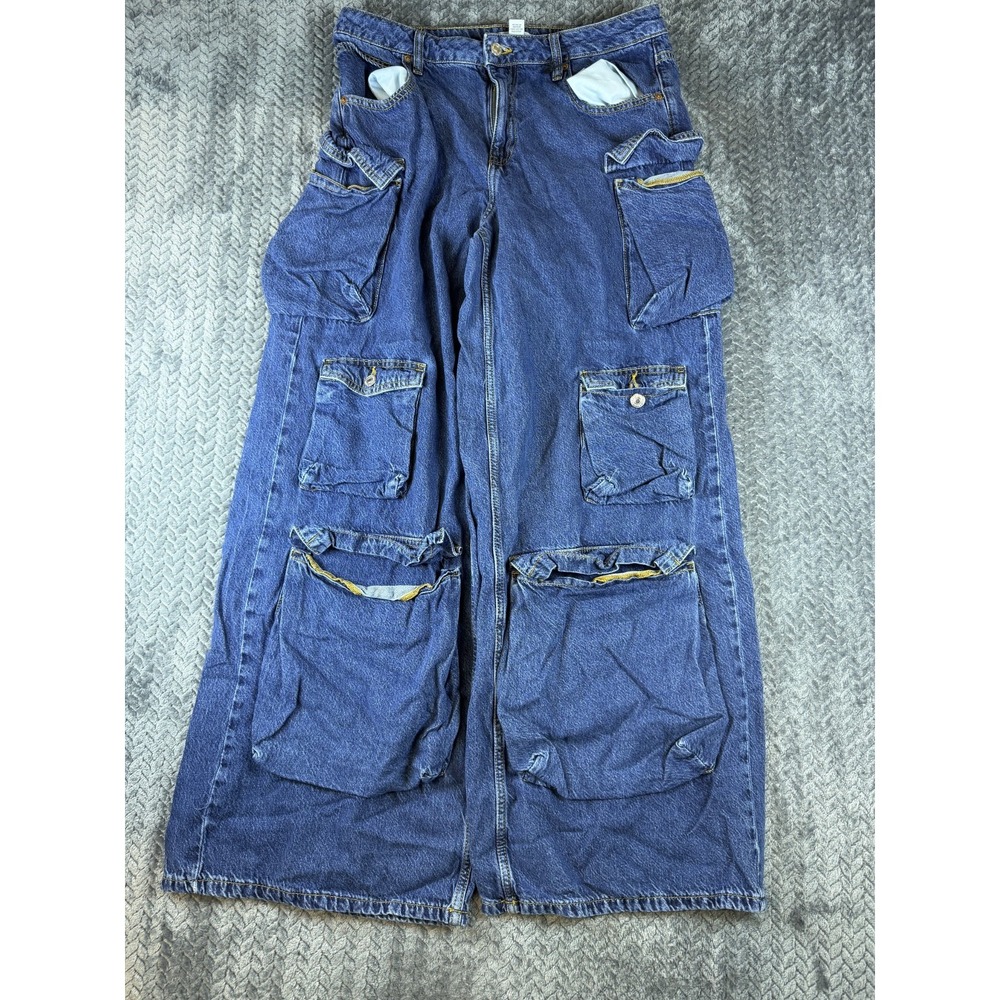 Forever 21 Premium Cargo Jeans Womens 30 Blue Denim Baggy Wide Leg Streetwear